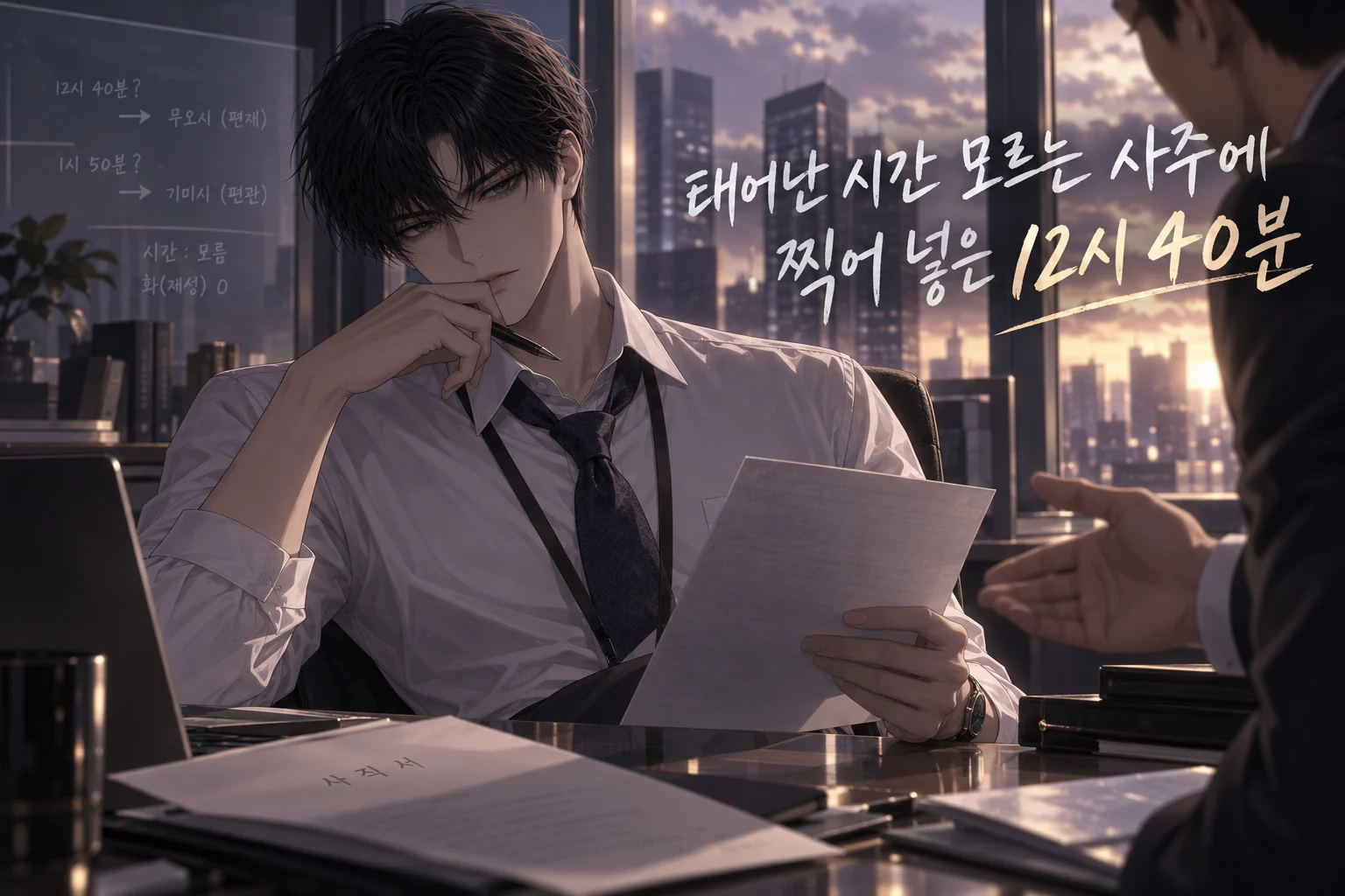 노을 진 고층 사무실에서 흰 셔츠에 넥타이를 느슨하게 맨 검은 머리 남자가 펜을 입가에 댄 채 서류를 들고 앉아 있고, 책상 앞쪽에 사직서가 놓여 있으며 맞은편 사람이 손을 내밀어 말을 건네는 장면