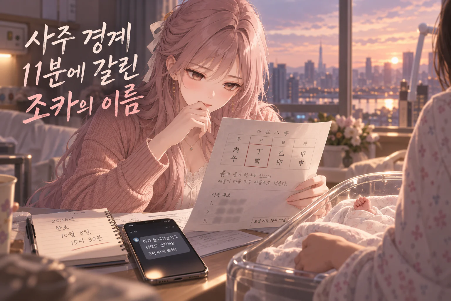 노을 진 도시가 내다보이는 산후조리원 방에서 분홍 머리에 분홍 니트 카디건을 입은 여자가 입가에 손을 댄 채 달 자리에 정유가 표시된 사주 종이를 들여다보고, 탁자에는 한로 10월 8일 15시 30분이 적힌 메모장과 3시 41분 출생 문자가 뜬 휴대폰이 놓여 있으며, 앞쪽 아기 침대에는 속싸개 밖으로 아기 주먹만 보이고 언니의 뒷모습이 걸쳐 있는 장면