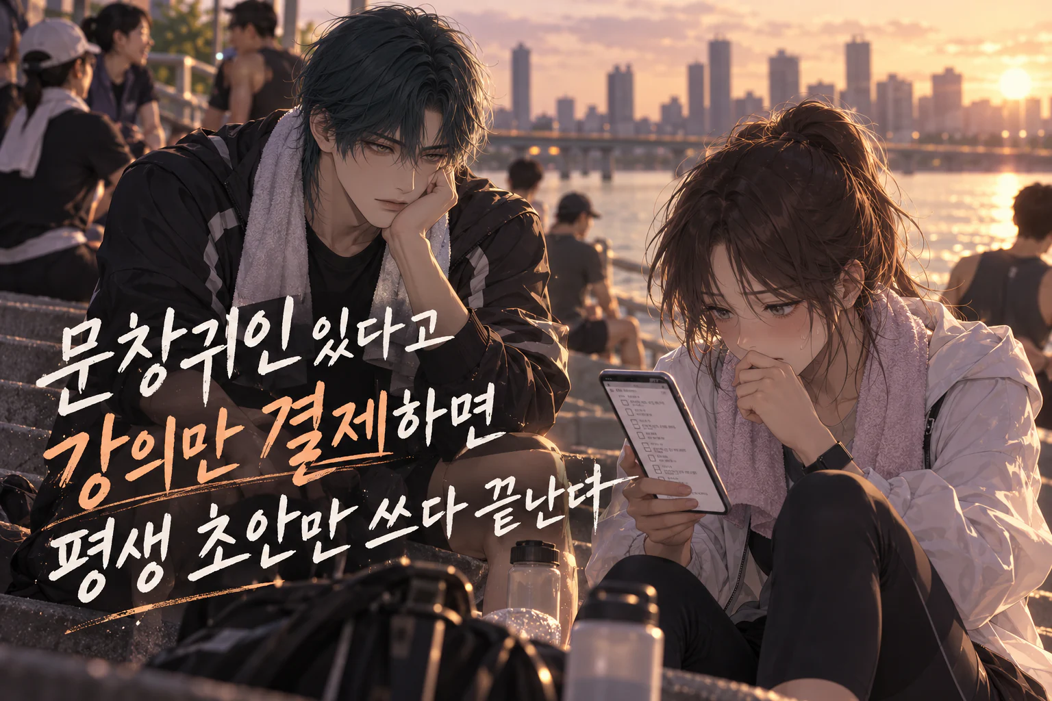 해 질 녘 한강공원 계단에서 러닝을 마치고 수건을 목에 건 사주픽 캐릭터 유선우가 턱을 괸 채, 옆에서 입을 가리고 휴대폰의 긴 초안 목록을 내려다보는 후배를 바라보는 장면