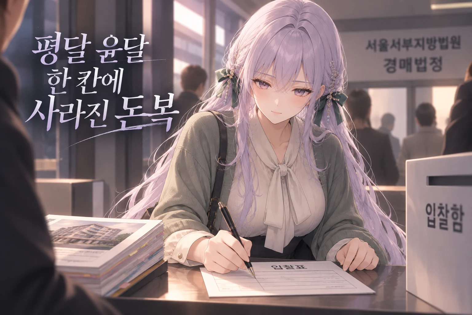 보랏빛 긴 머리의 배윤경이 법원 경매법정 앞 탁자에서 펜을 쥐고 입찰표 칸을 채우고, 옆에는 입찰함과 물건 자료 묶음이 놓여 있고 뒤로 흐릿한 사람들이 서 있는 장면