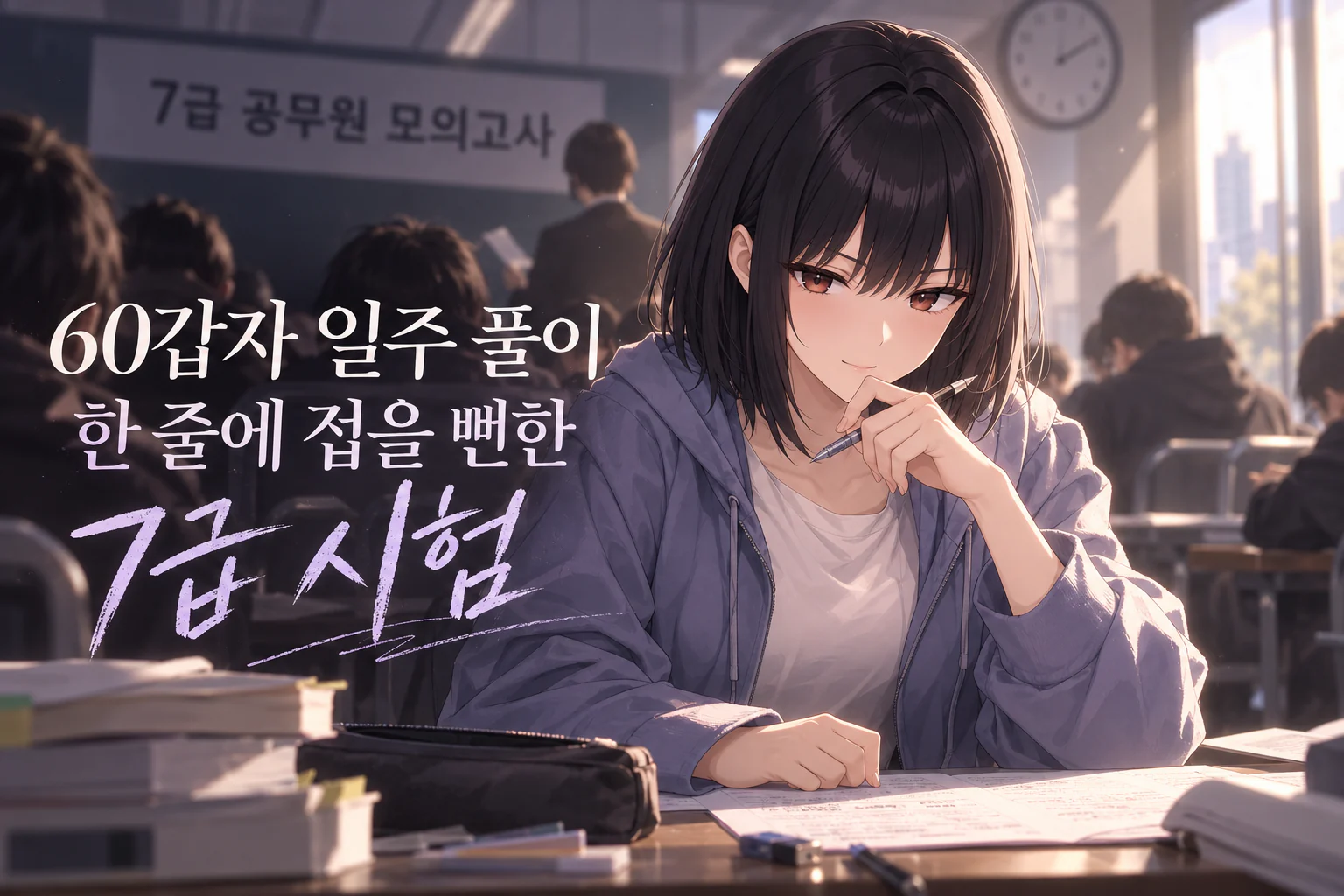 오후 햇살이 드는 모의고사 시험장 앞줄에서 검은 단발에 갈색 눈의 여성이 연보라 후드 집업 차림으로 샤프를 턱에 대고 미소 짓고, 책상에는 시험지와 쌓인 교재·필통이 놓여 있으며 뒤로 고개 숙인 수험생들의 뒷모습과 벽시계, '7급 공무원 모의고사' 현수막이 흐릿하게 보이는 장면