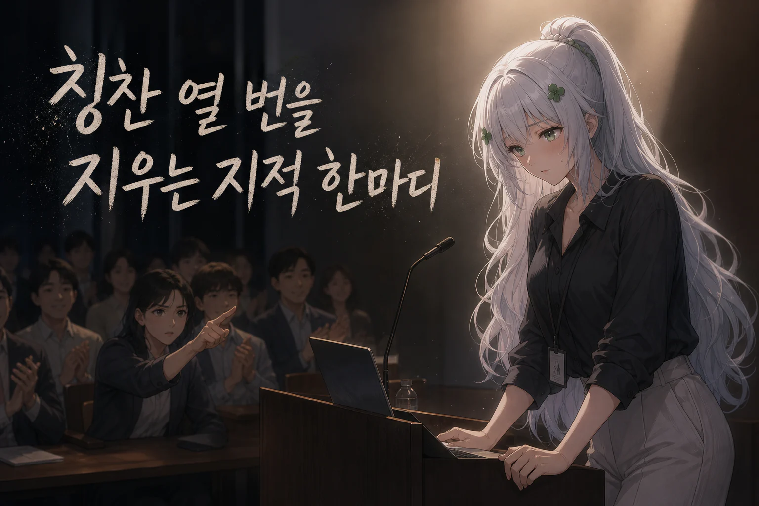 박수치는 청중 앞 연단에서 한 사람의 지적을 받고 굳어 있는 사주픽 캐릭터 정유원