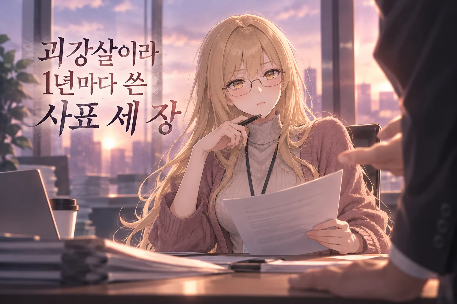 노을 진 사무실 창가 책상에서 안경 쓴 금발의 서지안이 펜을 입가에 대고 서류를 들여다보고, 오른쪽에서 정장 차림 상사의 손이 책상 위로 다가온다.