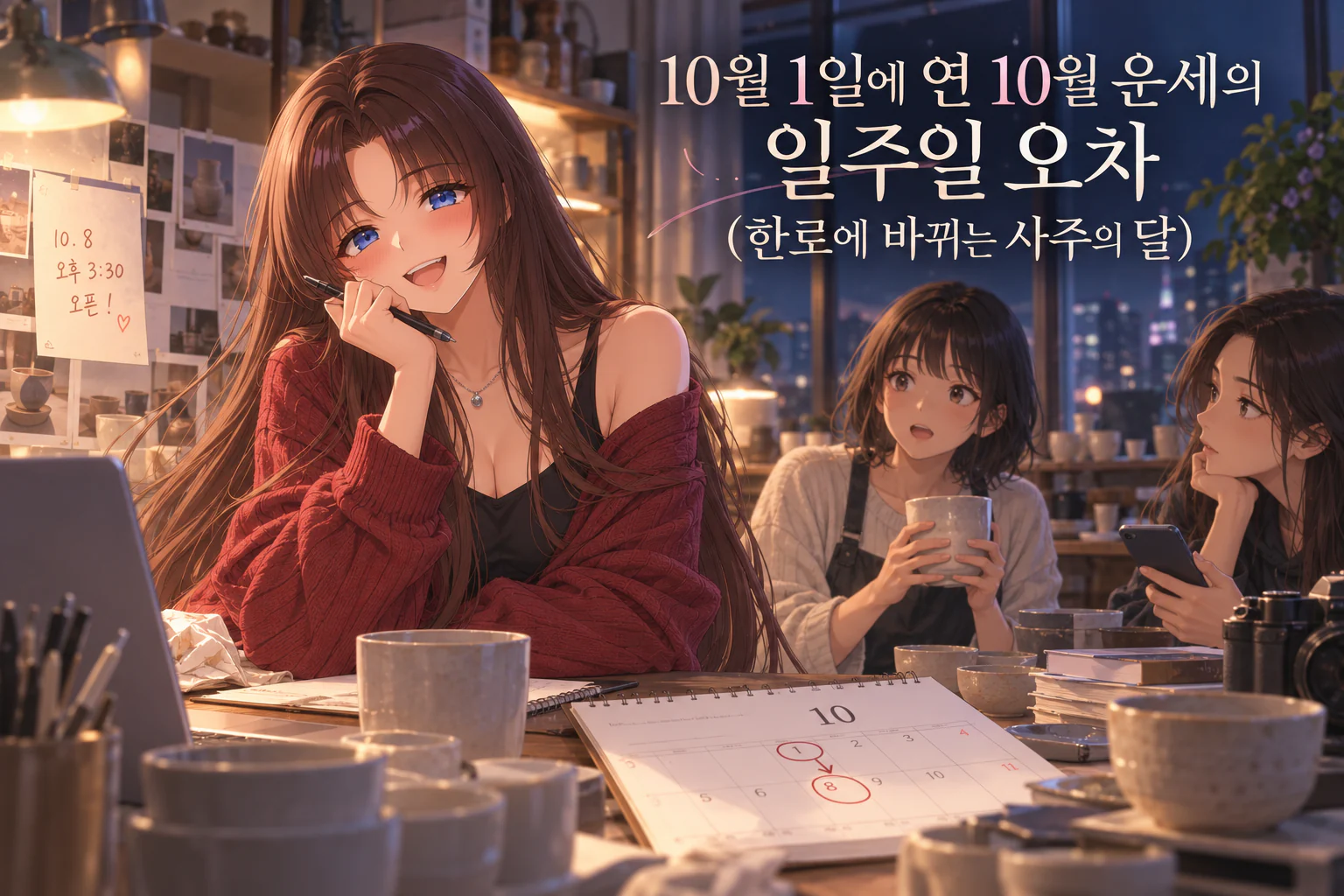 도자기 컵이 늘어선 작업실에서 10월 달력의 1일에서 8일로 화살표가 그려진 것을 앞에 두고 웃는 사주픽 캐릭터 채유라와 이야기를 듣는 두 사람