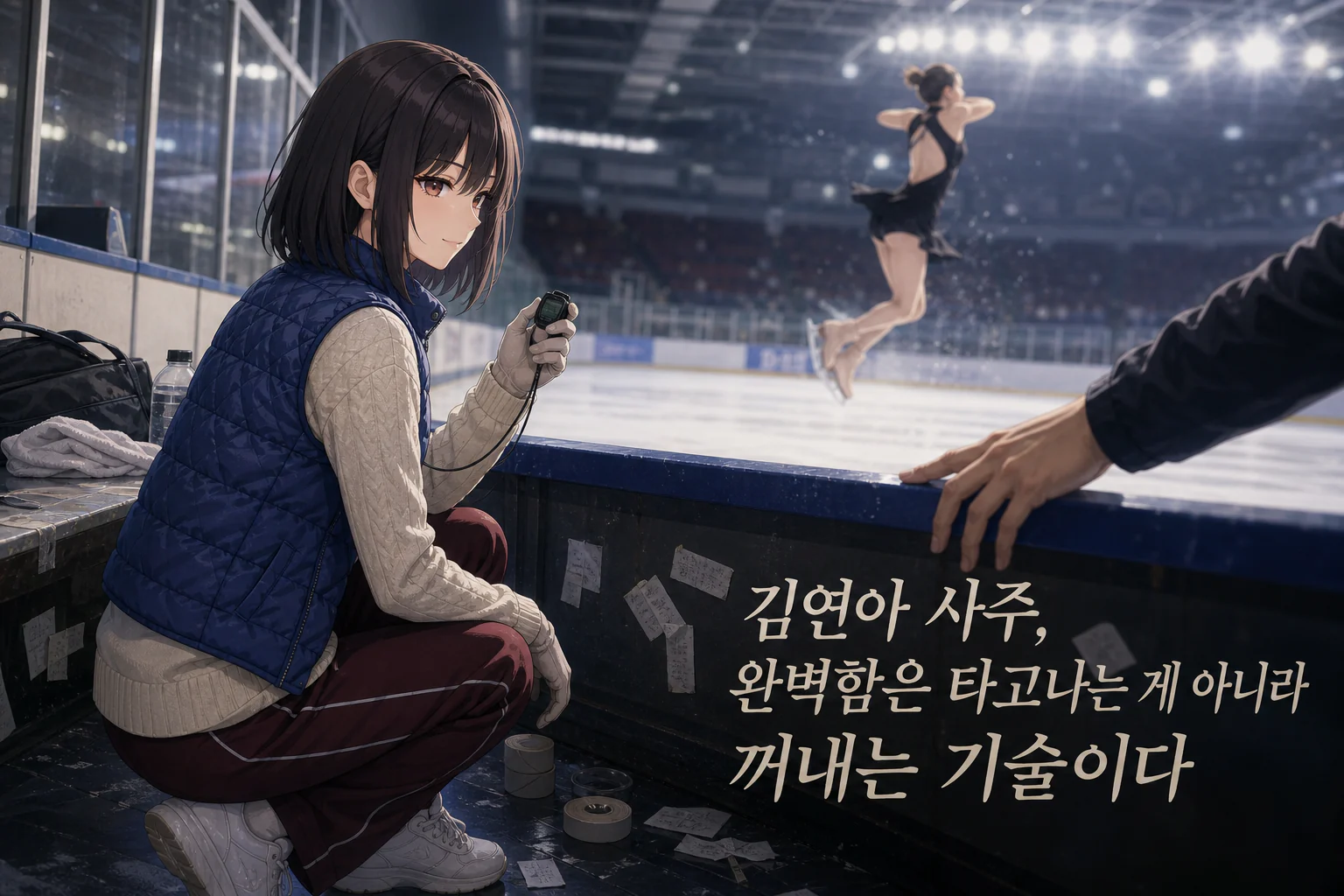 빙상장 가장자리에서 타이머를 멈추며 점프하는 선수의 순간을 재는 사주픽 캐릭터 강세나