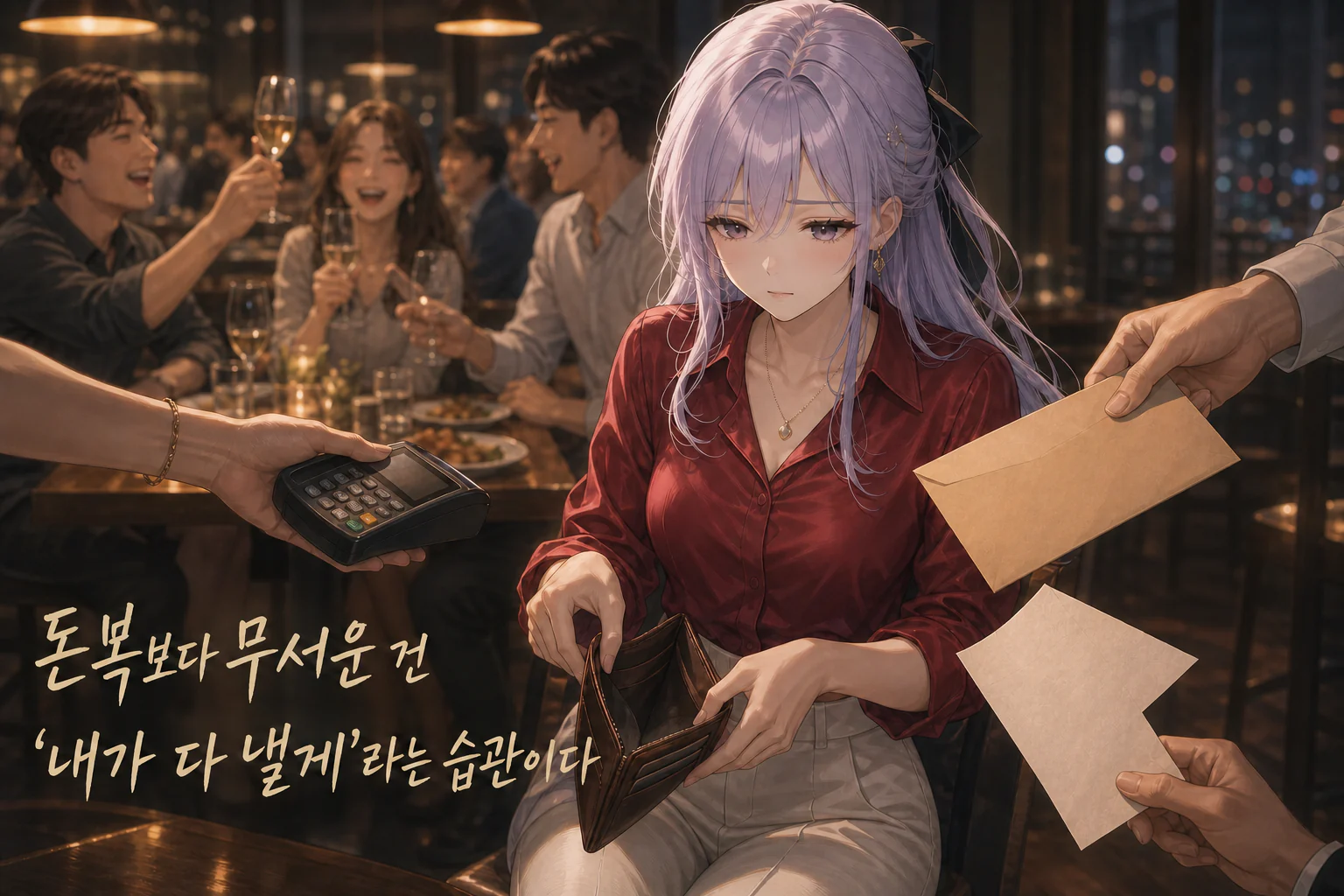 모임 비용을 요구하는 카드 단말기와 봉투들 사이에서 빈 지갑을 연 사주픽 캐릭터 배윤경
