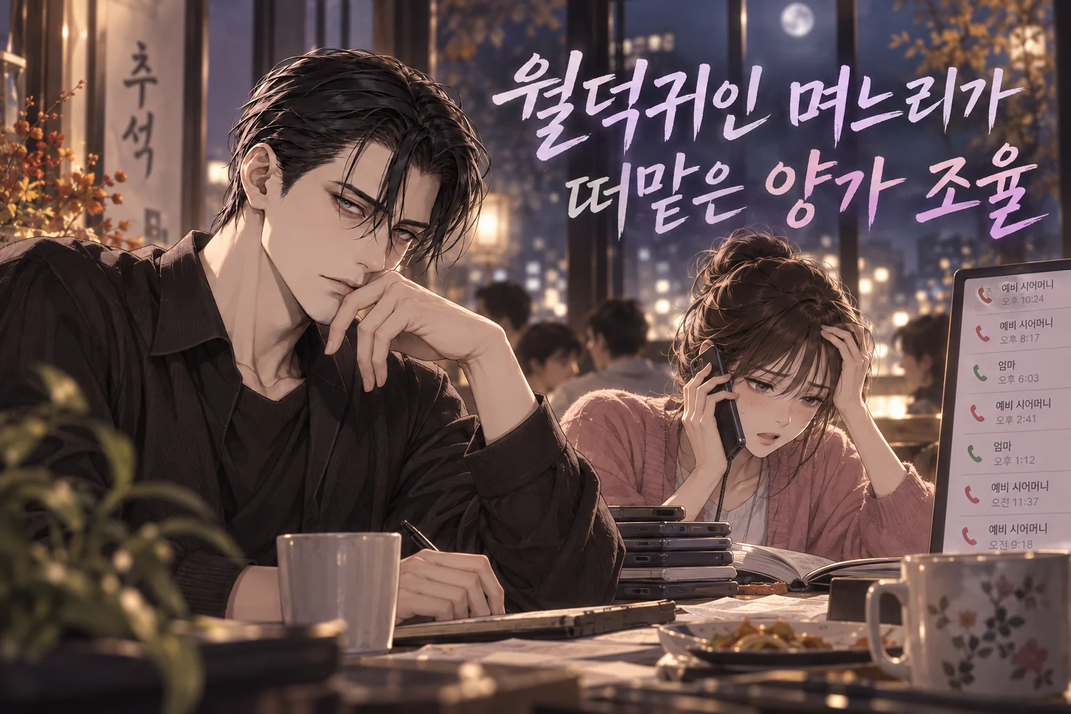 밤의 도시 야경이 보이는 식당 창가에서 김태겸이 턱을 괴고 앉아 있고, 그 옆에서 분홍 카디건을 입은 여성이 한 손으로 이마를 짚은 채 휴대폰 통화를 하고 있다. 테이블에는 휴대폰이 여러 대 쌓여 있고 옆 화면에는 예비 시어머니와 엄마의 통화 기록이 줄지어 떠 있다.