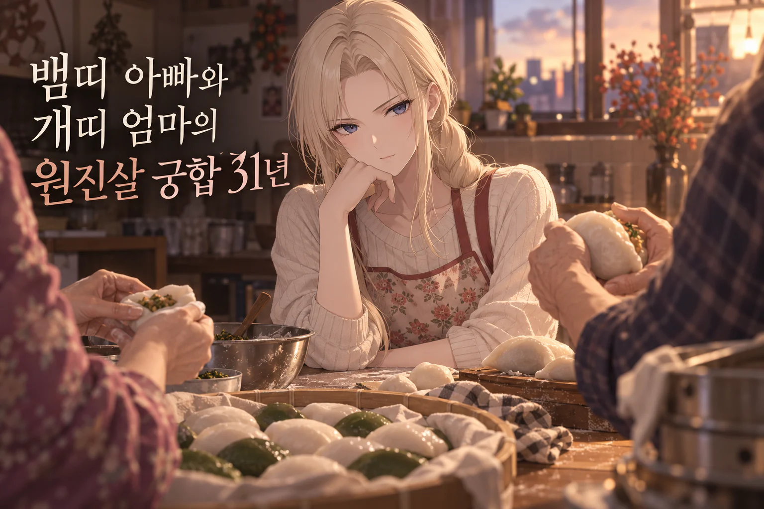 가을 저녁 부엌 식탁에서 꽃무늬 앞치마를 두른 금발의 딸이 턱을 괸 채 앉아 있고, 화면 양옆 가장자리에서 엄마와 아빠의 손만 보이며 각자 송편을 빚는데 오른쪽 아빠 손의 송편이 소가 넘칠 만큼 큰 장면