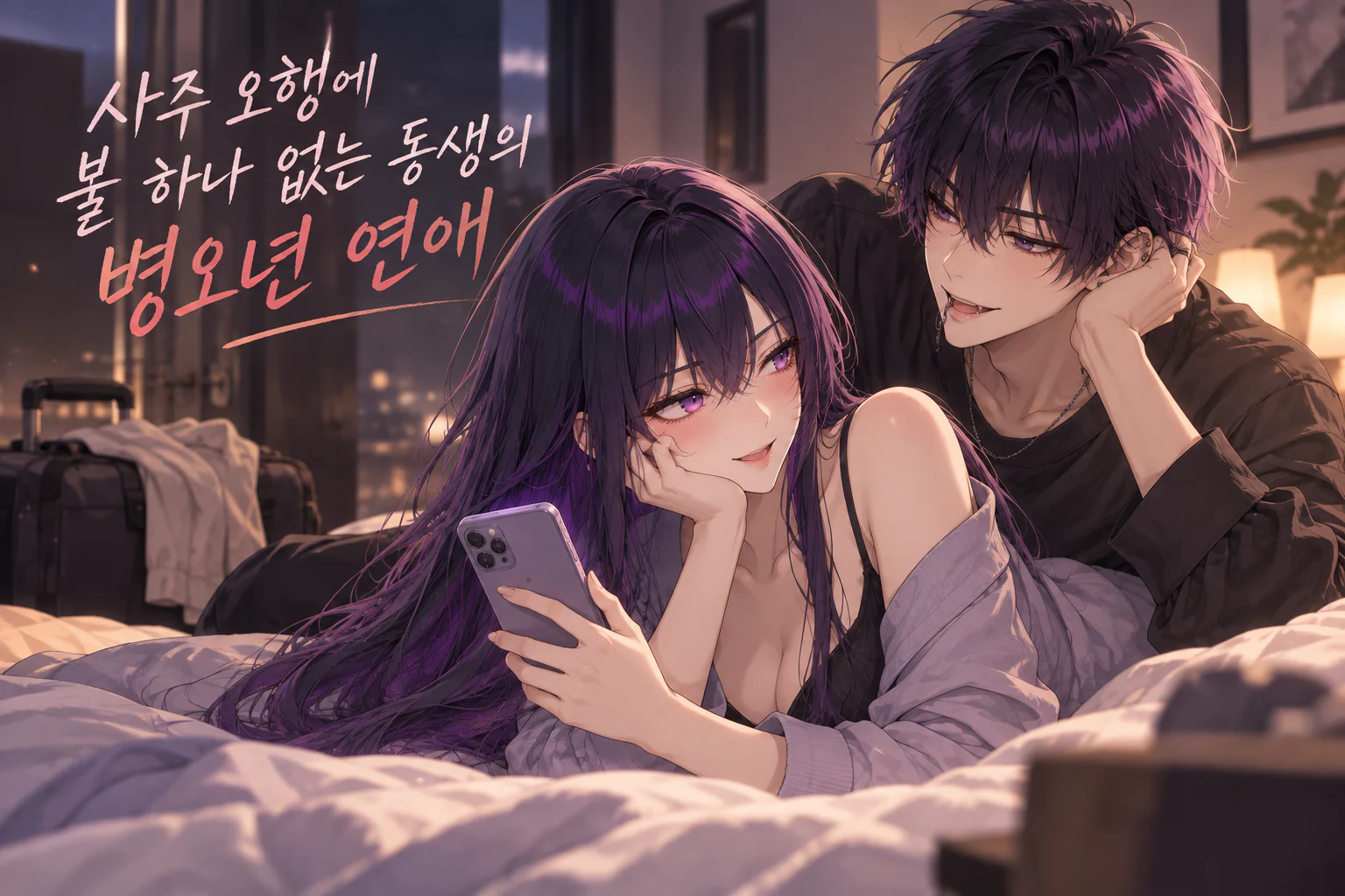 밤 도시 불빛이 비치는 방, 침대에 엎드려 보라색 휴대폰을 든 긴 보랏빛 머리의 여성이 뒤에서 턱을 괴고 웃는 남성을 돌아보며 웃고 있고, 방 한쪽에 여행 가방과 옷이 놓여 있다. 왼쪽 위에 '사주 오행에 불 하나 없는 동생의 병오년 연애'라는 손글씨 제목이 있다.