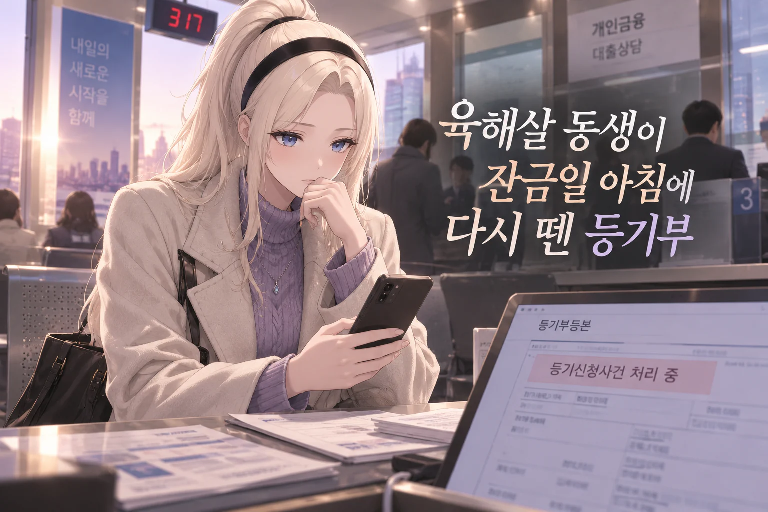 아침 햇살이 드는 은행 대기석에서 금발 포니테일에 검은 머리띠를 한 여성이 베이지 코트와 연보라 니트 차림으로 휴대폰을 들여다보고, 앞쪽 모니터에는 등기부등본 위에 등기신청사건 처리 중 표시가 떠 있으며 뒤로 대출 창구와 흐릿한 손님들이 보이는 장면