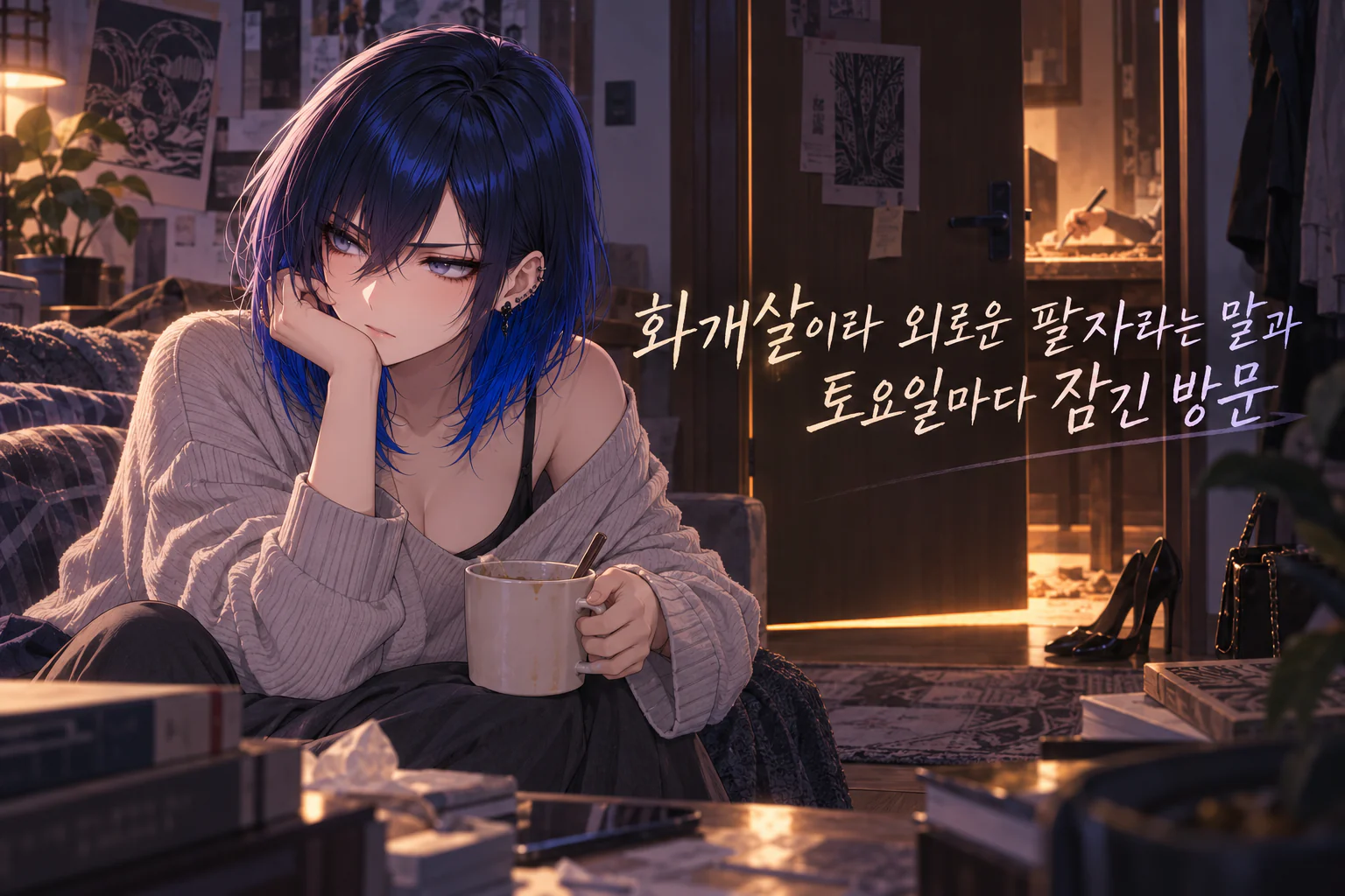 밤 거실 소파에서 니트 카디건을 걸친 파란 머리의 해월이 머그잔을 들고 턱을 괸 채 앉아 있고, 뒤로 조금 열린 방문 틈 불빛 속에 목판을 조각칼로 파는 손만 보이며 문 앞에는 벗어 둔 검은 구두와 가방이 놓인 장면