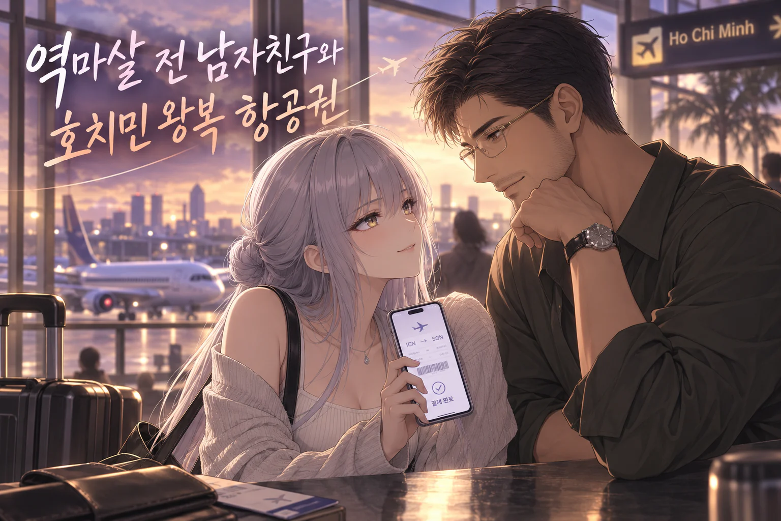 해 질 녘 공항 창가 테이블에서 은발을 묶은 차세린이 니트 카디건 차림으로 결제 완료 표시가 뜬 인천-호치민 항공권 화면의 휴대폰을 들고, 턱을 괸 김태겸을 올려다보며 웃는 장면. 뒤로 활주로의 여객기와 호치민 표지판, 옆에는 여행 가방이 놓여 있다.