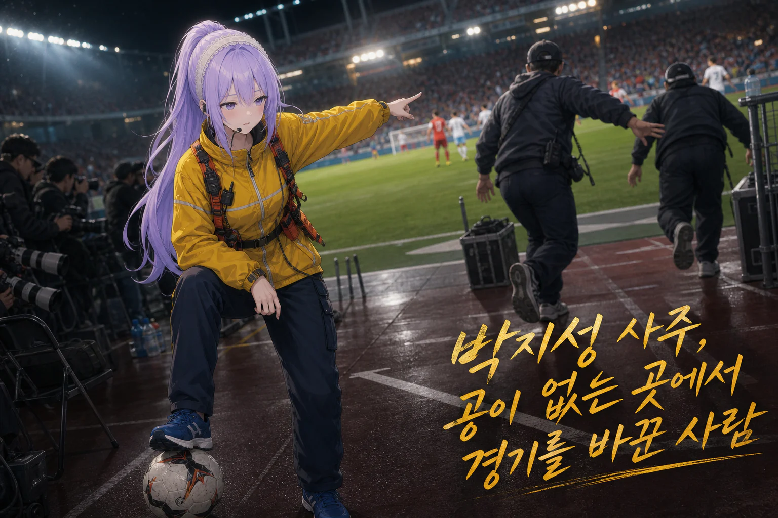 축구 경기 중 노란 현장 재킷을 입고 공을 밟은 채 경기장 인력을 지휘하는 사주픽 캐릭터 한소은