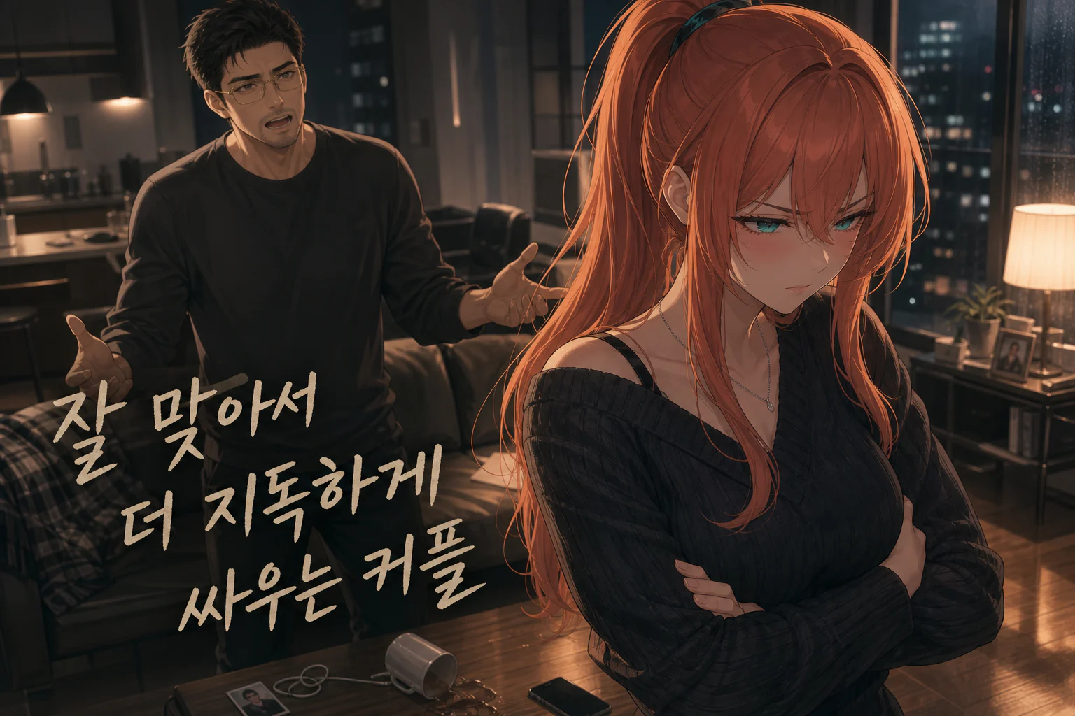 늦은 밤 거실에서 엎어진 컵을 사이에 두고 다투는 사주픽 캐릭터 윤소담과 김태겸