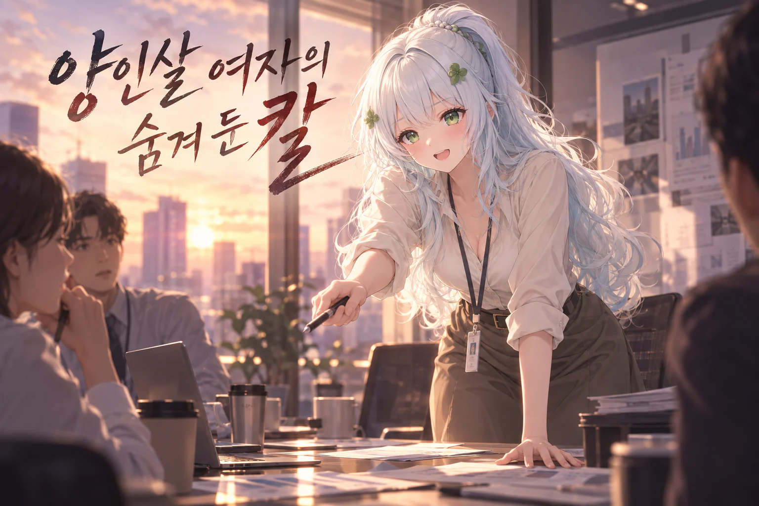 노을 지는 고층 회의실에서 은발의 여성이 사원증을 목에 건 채 테이블에 한 손을 짚고 펜으로 앞을 가리키며 웃고, 동료들이 앉아서 그녀를 바라보는 장면