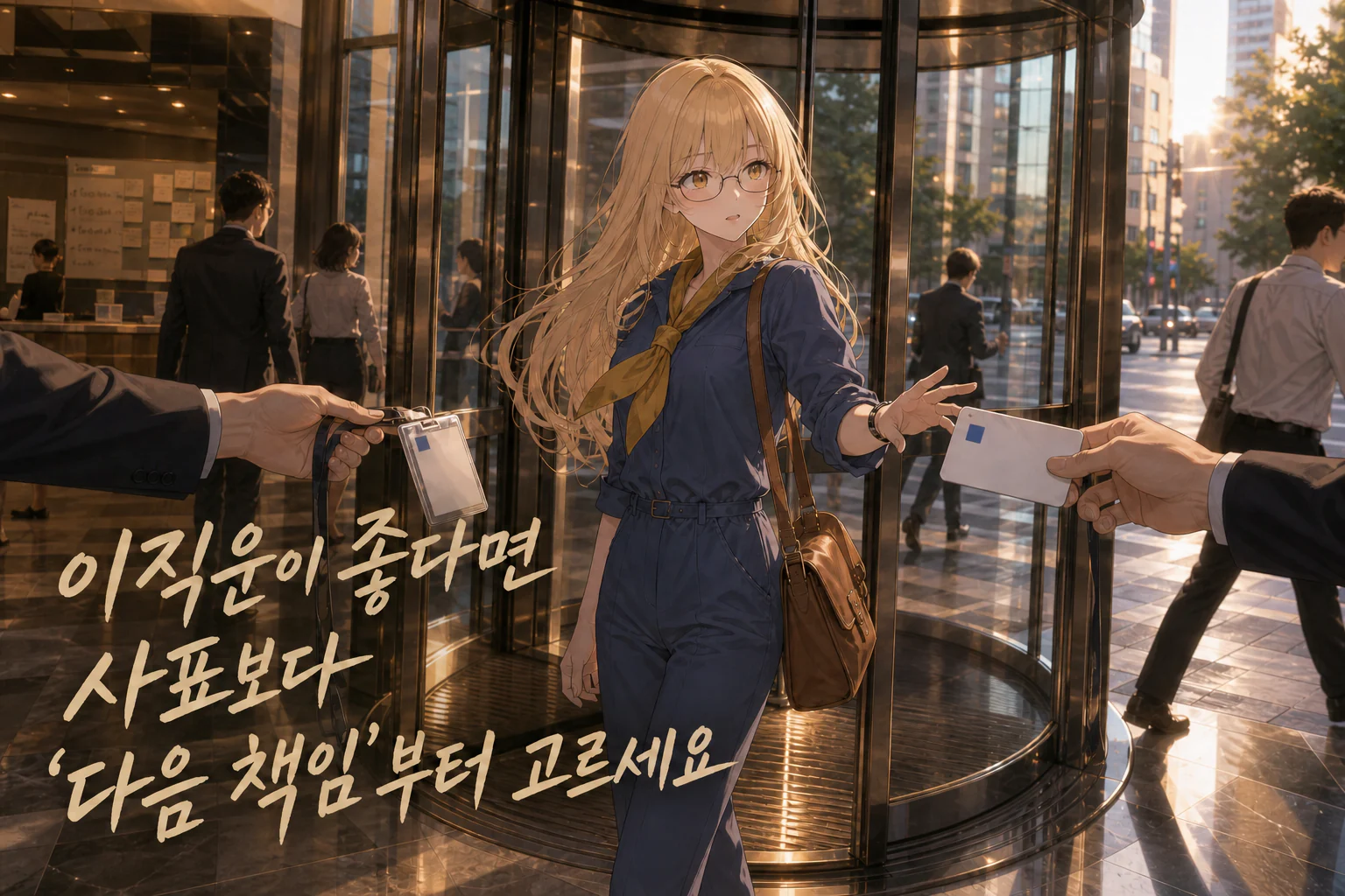 퇴근길 회전문 안에서 서로 다른 역할을 뜻하는 두 빈 배지 사이에 선 사주픽 캐릭터 서지안