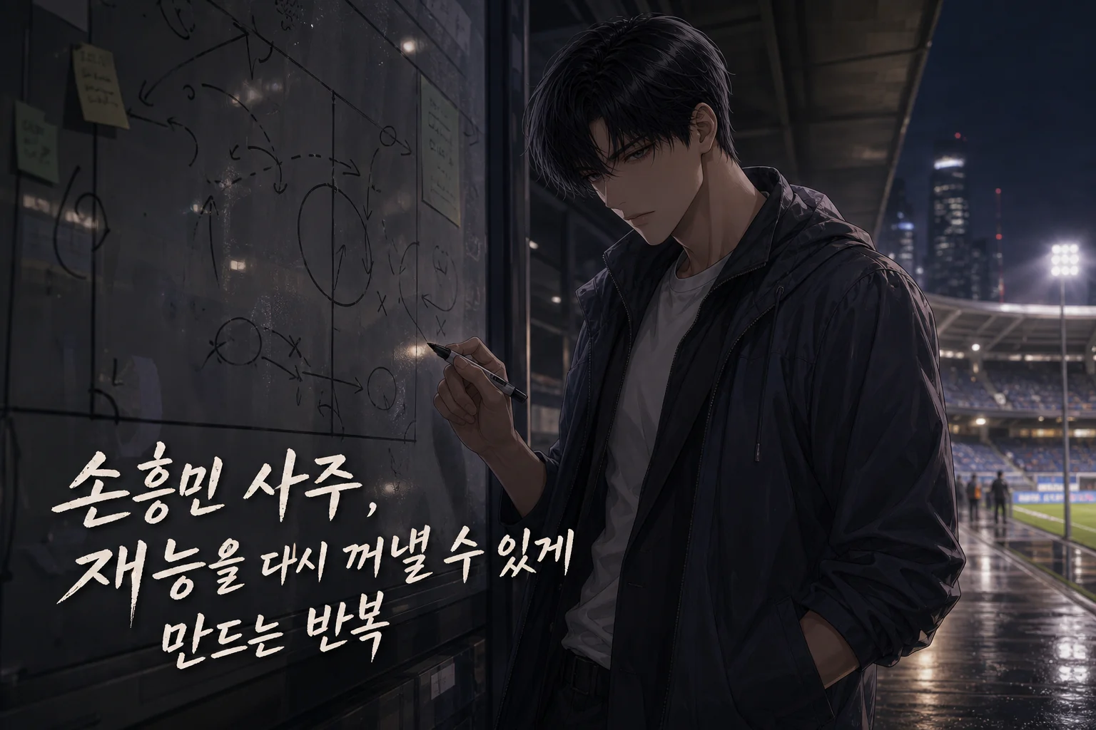 비 내린 야간 축구장 벽에 전술 동선을 반복해서 그리는 사주픽 캐릭터 최도훈