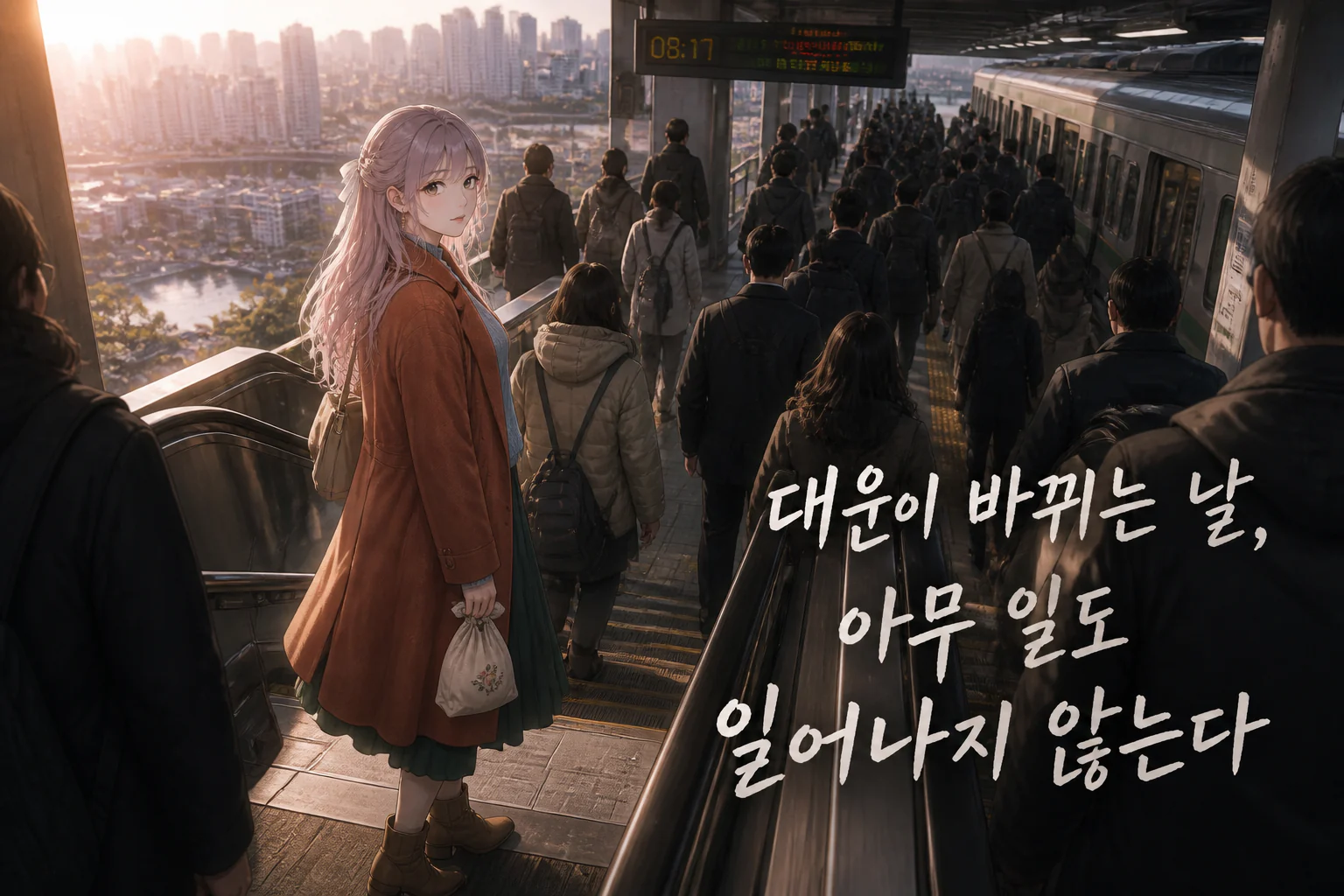해 뜨는 아침 평소와 같은 출근 인파 속 지하철 에스컬레이터에 멈춰 선 사주픽 캐릭터 백도화